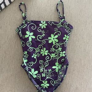 Vintage 90s Neon Eclectic Hawaiian Floral Ribbed One Piece Swimsuit Small Purple